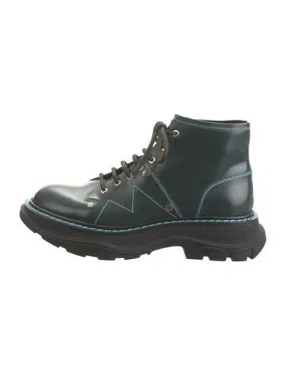 Pre-owned Alexander Mcqueen Leather Colorblock Pattern Combat Boots In Green