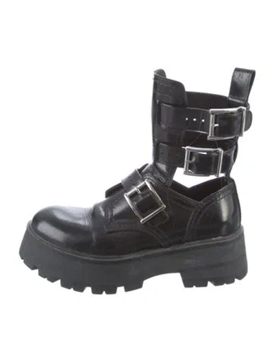 Pre-owned Alexander Mcqueen Leather Cutout Accent Combat Boots In Black