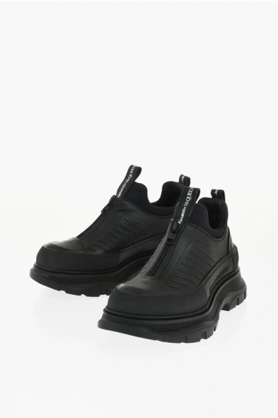 Alexander Mcqueen Leather Desert Mid Sneakers With Front Zip In Black