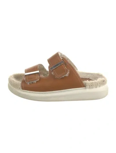 Pre-owned Alexander Mcqueen Leather Fur Trim Slides In Brown