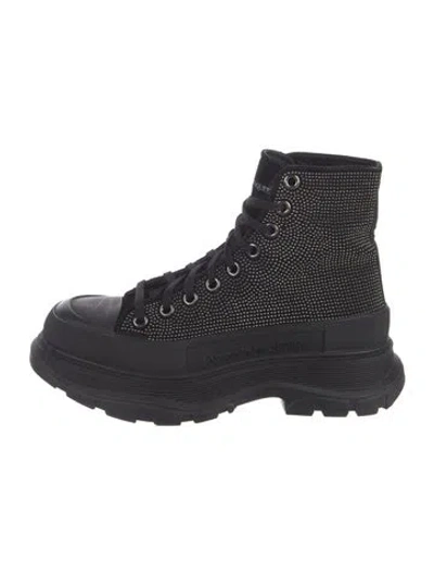 Pre-owned Alexander Mcqueen Leather Glitter Accents Combat Boots In Black