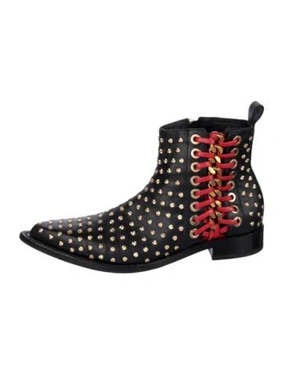 Pre-owned Alexander Mcqueen Leather Graphic Print Boots In Black