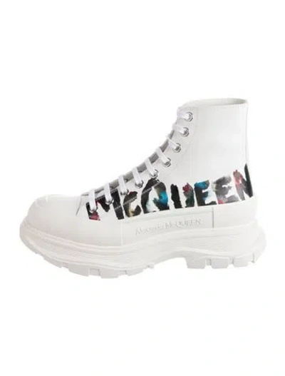Pre-owned Alexander Mcqueen Leather Graphic Print Combat Boots W/ Tags In White