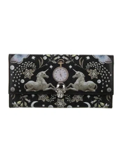 Pre-owned Alexander Mcqueen Leather Graphic Print Continental Wallet In Black