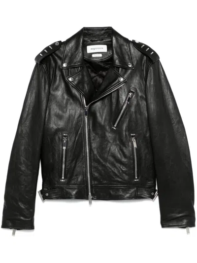 Alexander Mcqueen Leather Jacket With Belted Waist And Epaulettes In Black