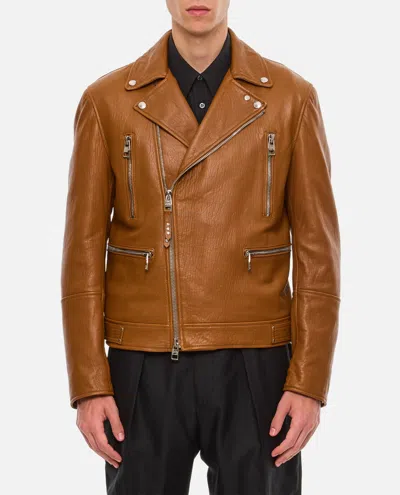 Alexander Mcqueen Essential Leather Biker Jacket Men In Brown