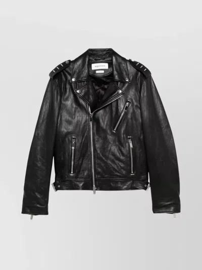 ALEXANDER MCQUEEN LEATHER JACKET WITH BELTED WAIST AND EPAULETTES