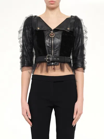 Alexander Mcqueen Leather Jacket With Tulle 1000 / 36 In Black