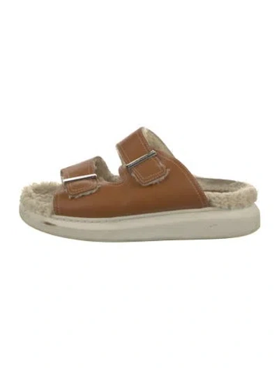 Pre-owned Alexander Mcqueen Leather Leather Trim Embellishment Slides In Brown