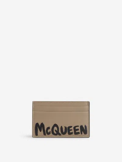 Alexander Mcqueen Graffiti Logo Calf Leather Cardholder In Beige