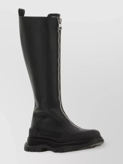 Alexander Mcqueen Woman Black Leather Zip Tread Slick Boots