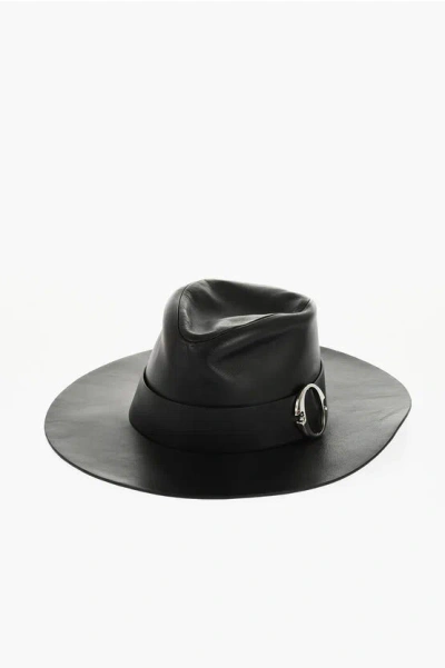 Alexander Mcqueen Leather Poem Fedora Hat With Meatl Frontal Detail