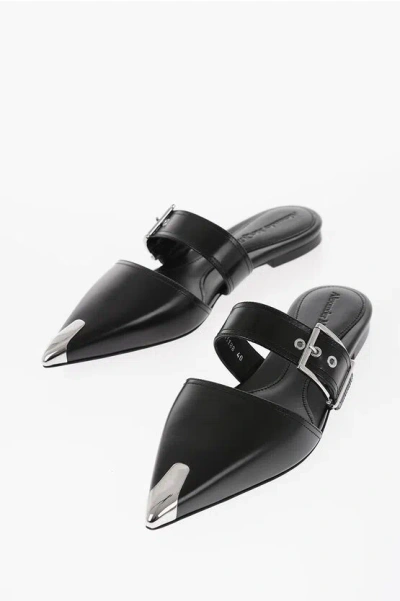 Alexander Mcqueen Leather Pointed Mules With Buckle In Black