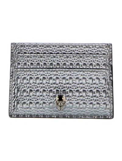 Pre-owned Alexander Mcqueen Leather Printed Card Holder In Silver