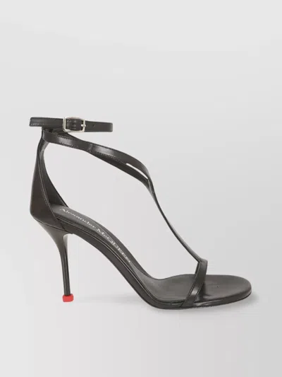 Alexander Mcqueen Leather Sandal Stiletto Heel Open Toe In Black