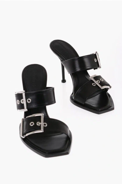 Alexander Mcqueen Leather Sandals With Buckle Heel 10 Cm In Black