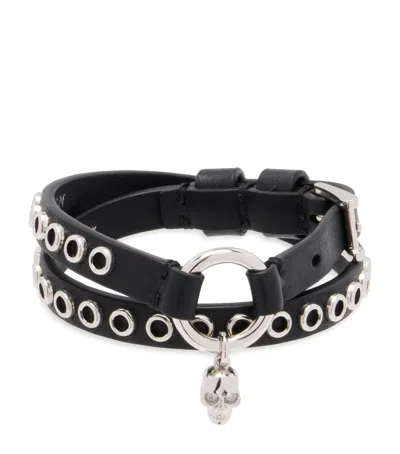 Alexander Mcqueen Leather Skull Bracelet In Black