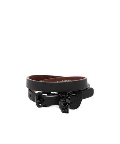 Alexander Mcqueen Leather Skull Charm Bracelet In Black