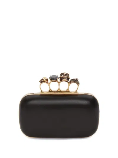 Alexander Mcqueen Mini Four Ring Leather Skull Clutch In Black