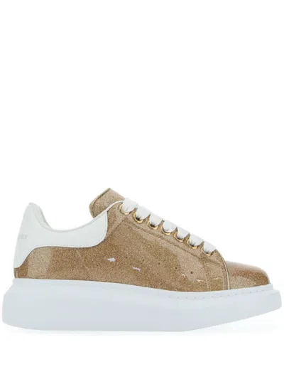Alexander Mcqueen Gold Glitter Sneakers With White Leather Heel In 5744