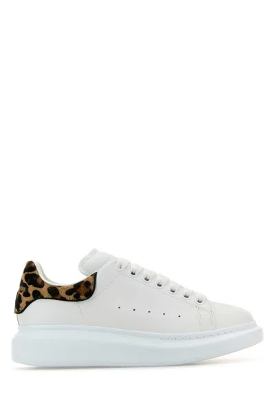 Alexander Mcqueen Leather Sneakers With Printed Calf Hair Heel In Whiteleopard