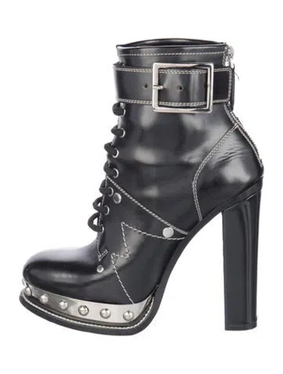 Pre-owned Alexander Mcqueen Leather Studded Accents Lace-up Boots In Black