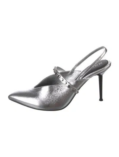 Pre-owned Alexander Mcqueen Leather Studded Accents Slingback Pumps In Metallic/silver