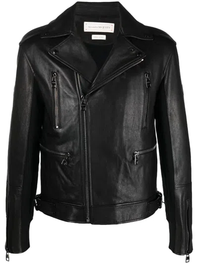 Alexander Mcqueen Leather-trim Biker Jacket In Black