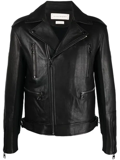 Alexander Mcqueen Zipped Leather Biker Jacket In Black