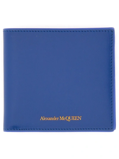 Alexander Mcqueen Leather Wallet With Logo In Blue
