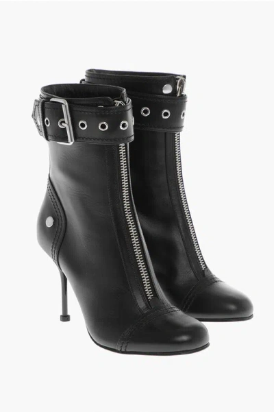 ALEXANDER MCQUEEN LEATHER ZIP-UP BOOTIES WITH BUCKLED STRAP 9CM