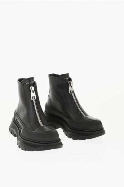 Alexander Mcqueen Leather Zip-up Booties With Chunky Sole In Black