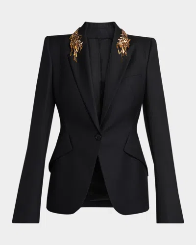 Alexander Mcqueen Leaves Embroidered Single-breasted Jacket In Black