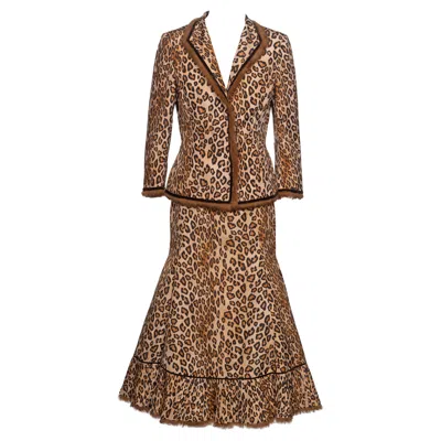 Pre-owned Alexander Mcqueen Leopard Print Silk And Fur Jacket And Skirt Suit, Fw 2005 In Brown