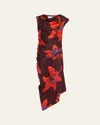 Alexander Mcqueen Lily-print Draped Short-sleeve Midi Dress In Ruby Red