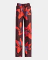 Alexander Mcqueen Wide-leg Silk Twill Trousers With Flame Lily Print In Ruby Red
