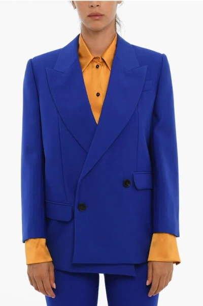 Alexander Mcqueen Lined Double Breasted Blazer With Flap Pockets In Blue