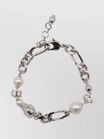 Alexander Mcqueen Link Chain Bracelets With Pearl And Skull In Metallic