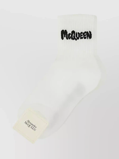 Alexander Mcqueen Logo Ankle Socks In Stretch Cotton Blend In White