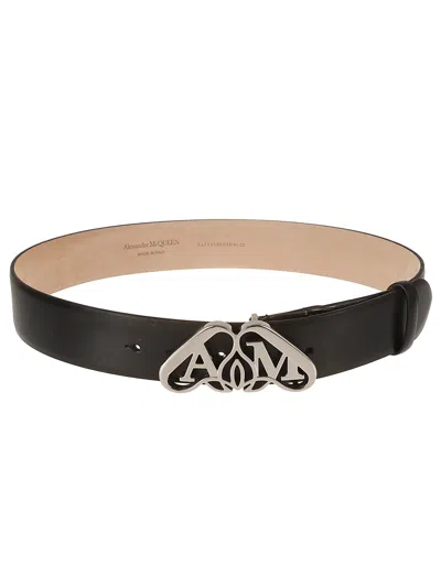 Alexander Mcqueen 4 Cm Leather Belt With Logo Buckle In Black