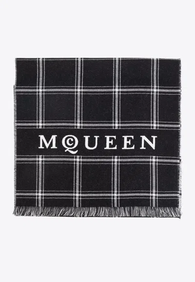 Alexander Mcqueen Logo Check Wool Jacquard Scarf In Black