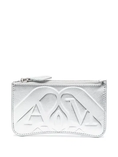 Alexander Mcqueen Logo-debossed Metallic Leather Wallet In Silver
