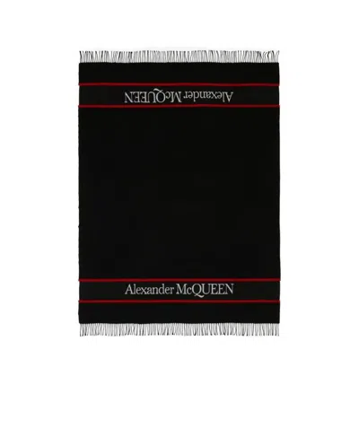 Alexander Mcqueen Logo Detailed Fringed Scarf In Black