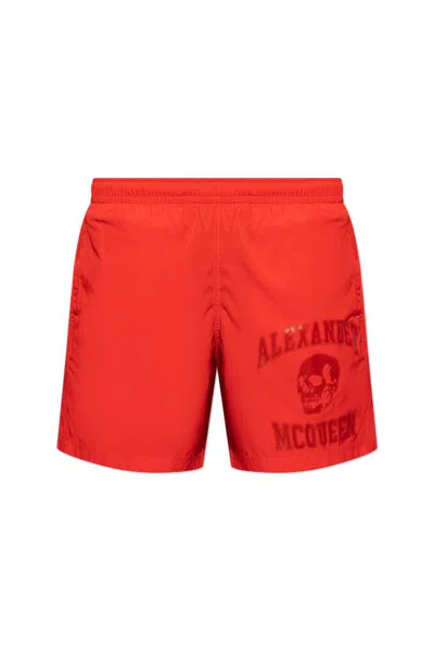 Alexander Mcqueen Logo Detailed Swim Shorts In Red