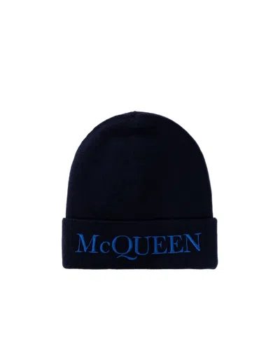 Alexander Mcqueen Logo-embroidered Cashmere Beanie In Blue