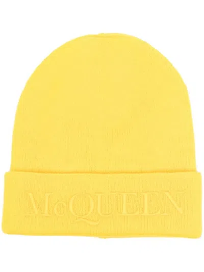Alexander Mcqueen Embroidered Logo Cuffed Cashmere Beanie In Sun