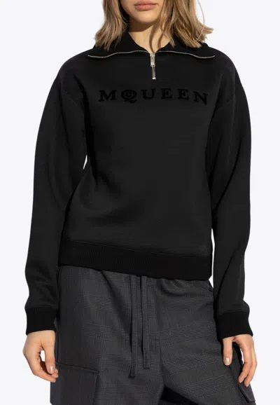 Alexander Mcqueen Logo Embroidered Half-zip Sweatshirt In Black