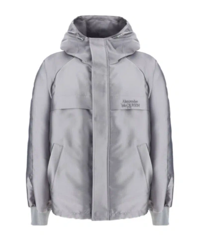 Alexander Mcqueen Gray Logo-embroidered Hooded Jacket In Grey