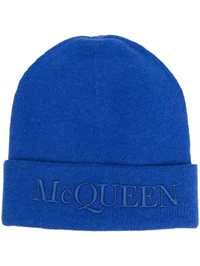Alexander Mcqueen Logo-embroidered Knitted Hat In Blue