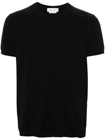 Alexander Mcqueen Logo-embroidered Knitted T-shirt In Black